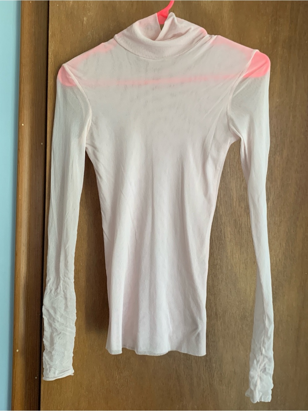 Light Pink Women's Long-Sleeve Turtleneck Mesh Top